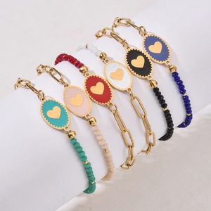 Stainless Steel Bracelet Heart Pendant Oval Enamel Asymmetric Paperclip Chain Faceted Beads Fashion Jewelry For Women