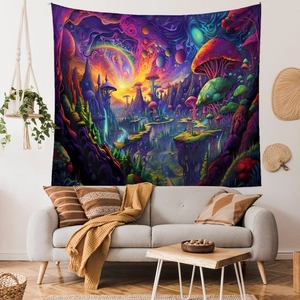 Colorful psychedelic mushroom forest tapestry for bedroom and living room wall decor