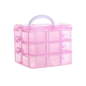 Dreistöckige transparente rosa Kunststoff-Aufbewahrungsbox mit weißem Griff