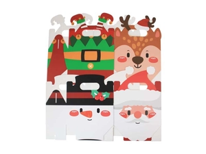 Flat lay of colorful Christmas paper gift bags with Santa, Reindeer and Snowman patterns