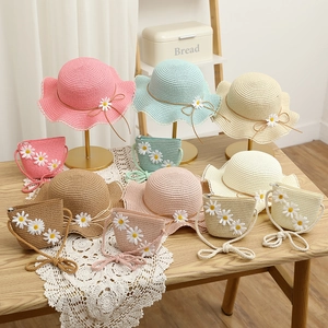 Kids straw sun hat and matching daisy bag set in six colors with floral accents