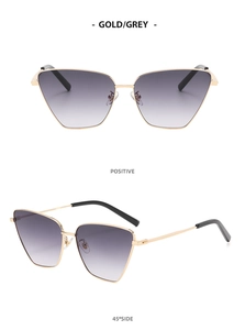 Front and 45-degree side view of Y2K metal sunglasses with gold frame and grey lenses