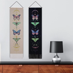 Nordic butterfly canvas tapestries with moon phases and tassels in beige and black colors