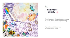 Detail of colorful purple DIY journal stickers and decorative papers for kids