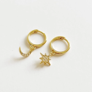 Asymmetric S925 sterling silver moon and star hoop earrings with white zircon in gold