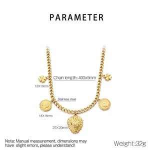 Detailed spec sheet showing golden lion and clover pendants on a stainless steel chain