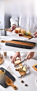 Acacia wood and marble cutting board with handle and hanging hole for cheese