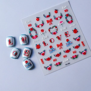 Rote 5D Relief Nagelsticker mit romantischen Rosenblüten und Herzmustern
