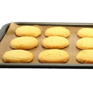 Reusable non-stick baking mat with nine golden cookies on a tray for oven use