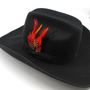 Classic black wool felt cowboy hat with vibrant red and orange feather accent on brim