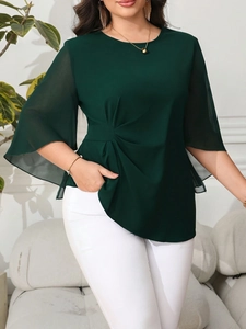 Elegant dark green round neck top featuring chiffon petal sleeves and waist knot detail
