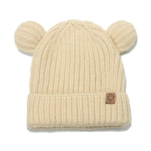 Cozy knit baby beanie with cute bear ears and maple leaf patch in creamy beige color