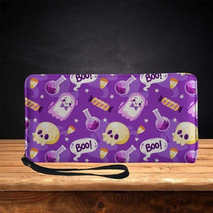 Women Long Zipper Wallet PU Leather Clutch Bag With Wristlet Halloween Day Of The Dead Skull Pattern Fashion Novelty