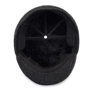 Men's wool blend flat cap with warm plush lining and ear protection in dark grey