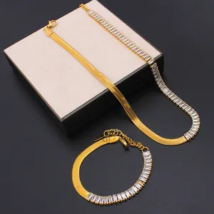 Gold-plated jewelry set with baguette-cut zircon stones and flat snake chain necklace