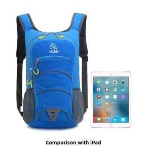 Outdoor blue backpack size comparison showing dimensions relative to a standard tablet