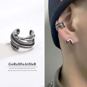 Men's vintage feather and geometric V-shape clip-on earrings in oxidized silver style