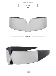 Detailed front and side views of silver mirror futuristic shield sunglasses with black temples