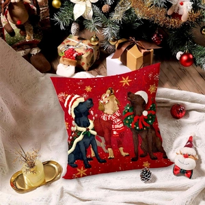 Christmas pillow cover with vintage red cardinals and labrador dogs in festive holiday setting
