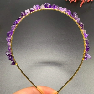 Handmade gold wire crown headband with purple natural amethyst stone chips for women
