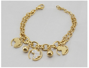 Détail du bracelet carte en or 18 carats avec pendentifs Afrique et zircons blancs