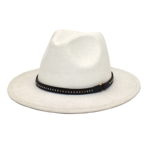 Detail of off-white felt hat featuring a black strap with gold and silver rivets