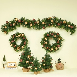 Christmas Decoration Tree Wreath Garland PVC Burlap Pine Needle Pre Decorated Warm Light Home Tabletop Rustic Style