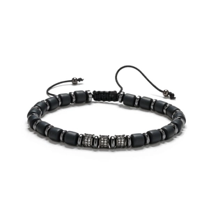 Verstellbares gewebtes Perlenarmband mit matten schwarzen Steinen und Strass-Anhängern
