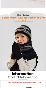 Close-up of kids knitted winter set with 50-54cm head circumference sizing information