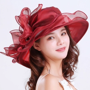 Women Elegant Organza Sun Hat Wide Brim Flower Bowknot Dress Hats For Wedding Party Church Beach UV Protection Summer