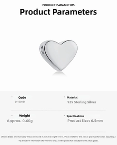 Detail view of 925 sterling silver heart charm with specifications and 6.5mm size