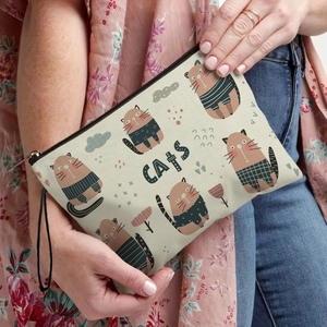 Pochette per trucco in tela con gatto, cerniera nera e cinturino da polso per donna
