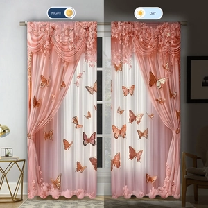 Detail of pink 3D butterfly decorative curtains showing visual effects in day and night