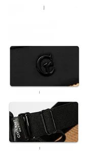 Exquisite details of black sun hat featuring COOLKNIT tech label and adjustable metal buckle