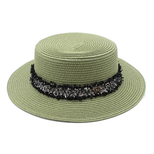 French retro flat top sage green straw boater hat with tweed band and M button