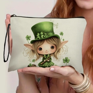 Canvas St. Patrick's Day makeup bag featuring an elf girl illustration and green clover