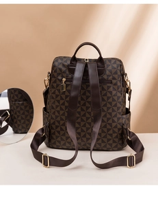 Rear view of brown printed backpack featuring anti-theft zipper pocket and adjustable straps