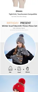 Detailed view of winter knit set including touchscreen gloves, scarf, and pompom hat