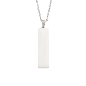 Polished silver stainless steel rectangular bar pendant necklace on a fine chain detail