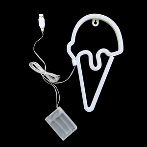 Detail of LED ice cream neon sign showing USB cable and dual power supply battery box