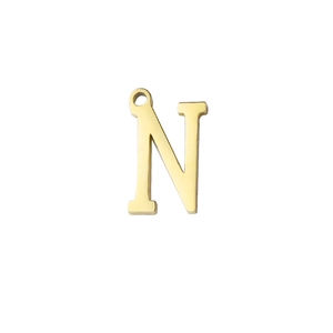 Detailed close-up of golden stainless steel letter N pendant with mirror-finish surface