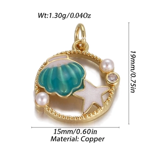 Detail of copper shell pendant featuring starfish and pearls with precise measurements