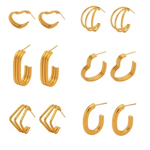 Set of six pairs of multi-layered 18K gold plated stainless steel geometric hoop earrings