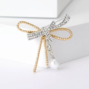 Eleganter Schleifen Brosche Für Damen Legierung Strass Schleife Anstecknadel Mit Künstliche Perlenanhänger Modeschmuck