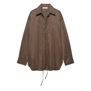 Dark brown long sleeve V-neck blouse featuring stylish lace-up front with metal eyelets
