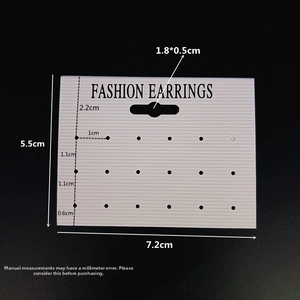 Detailed dimension guide for white 15-hole PVC earring display cards with top hook