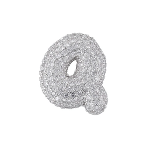 Macro shot of silver letter Q bubble pendant with micro-pave shimmering cubic zirconia