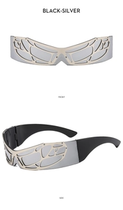 Front and side views of Y2K wrap-around sunglasses with silver mesh butterfly textures