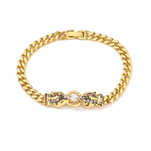 Hip hop gold plated leopard head Cuban link bracelet with sparkling colorful zircons