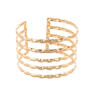 Gold multi-layer hammered open cuff bracelet with minimalist wavy texture for women